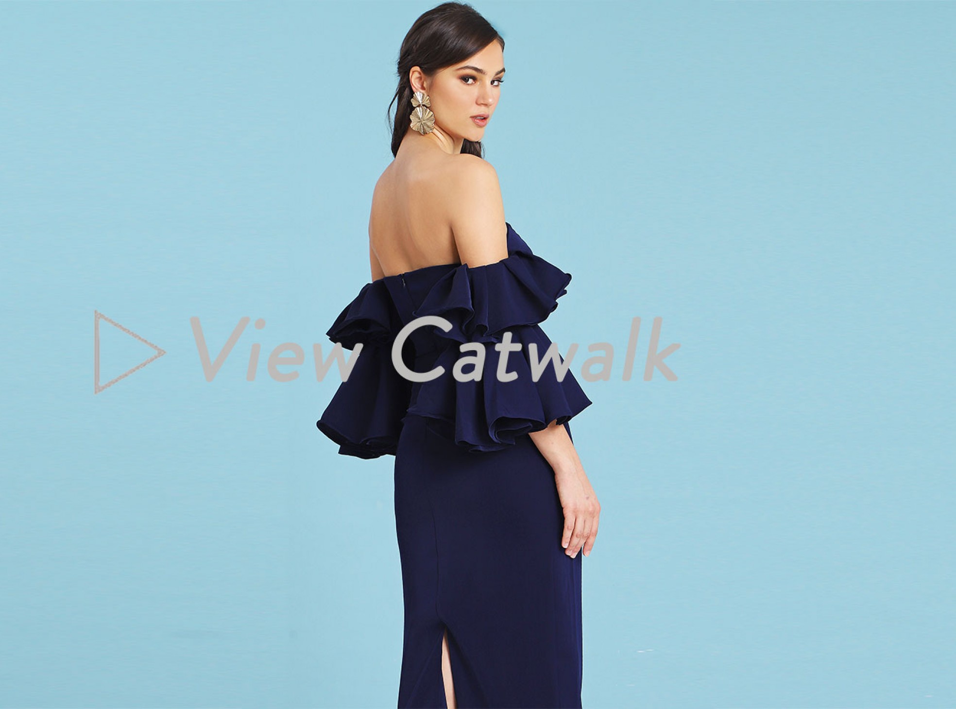 EXAGGERATED FRILL SLEEVE MAXI DRESS IN NAVY