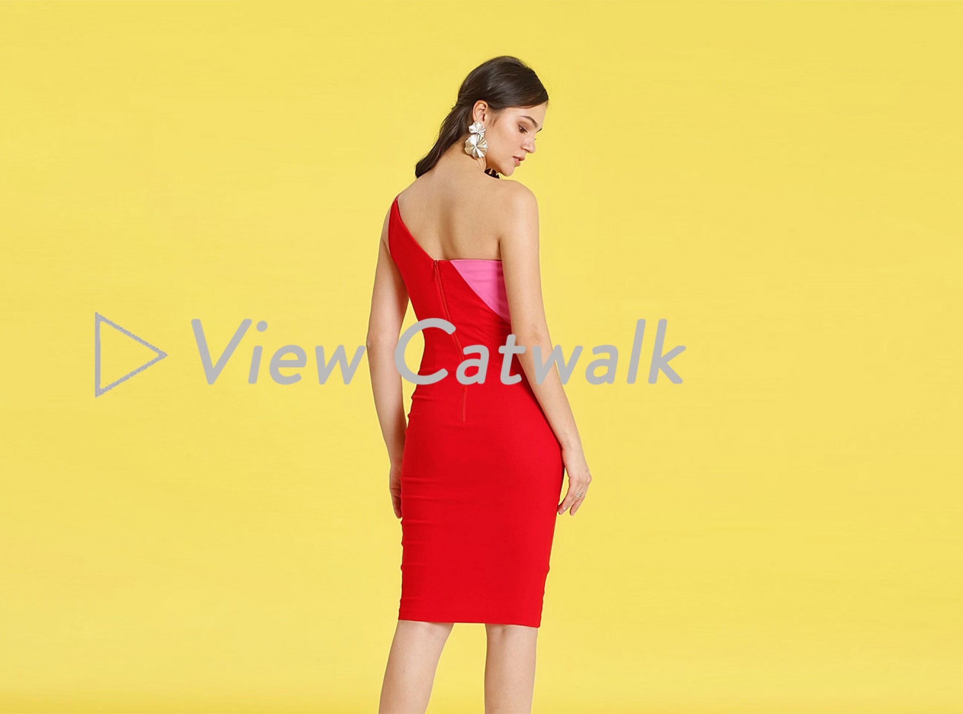 cut out shoulder midi pencil dress in contrast red and pink