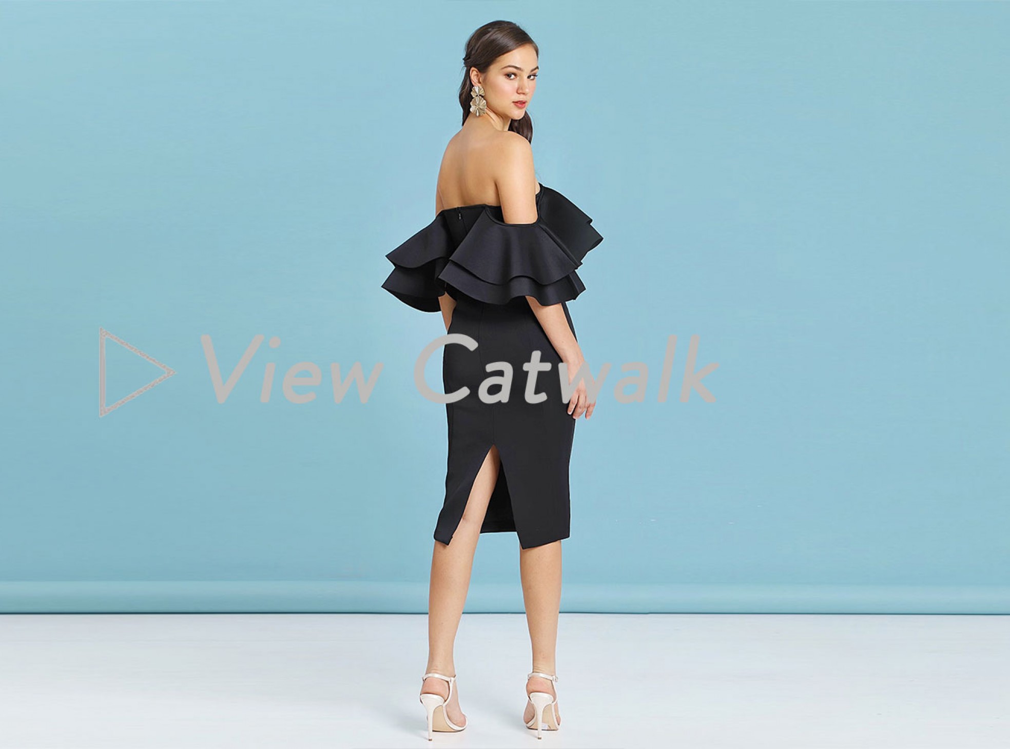 Exaggerated Double Frill Sleeve Bardot Scuba Midi Dress Black