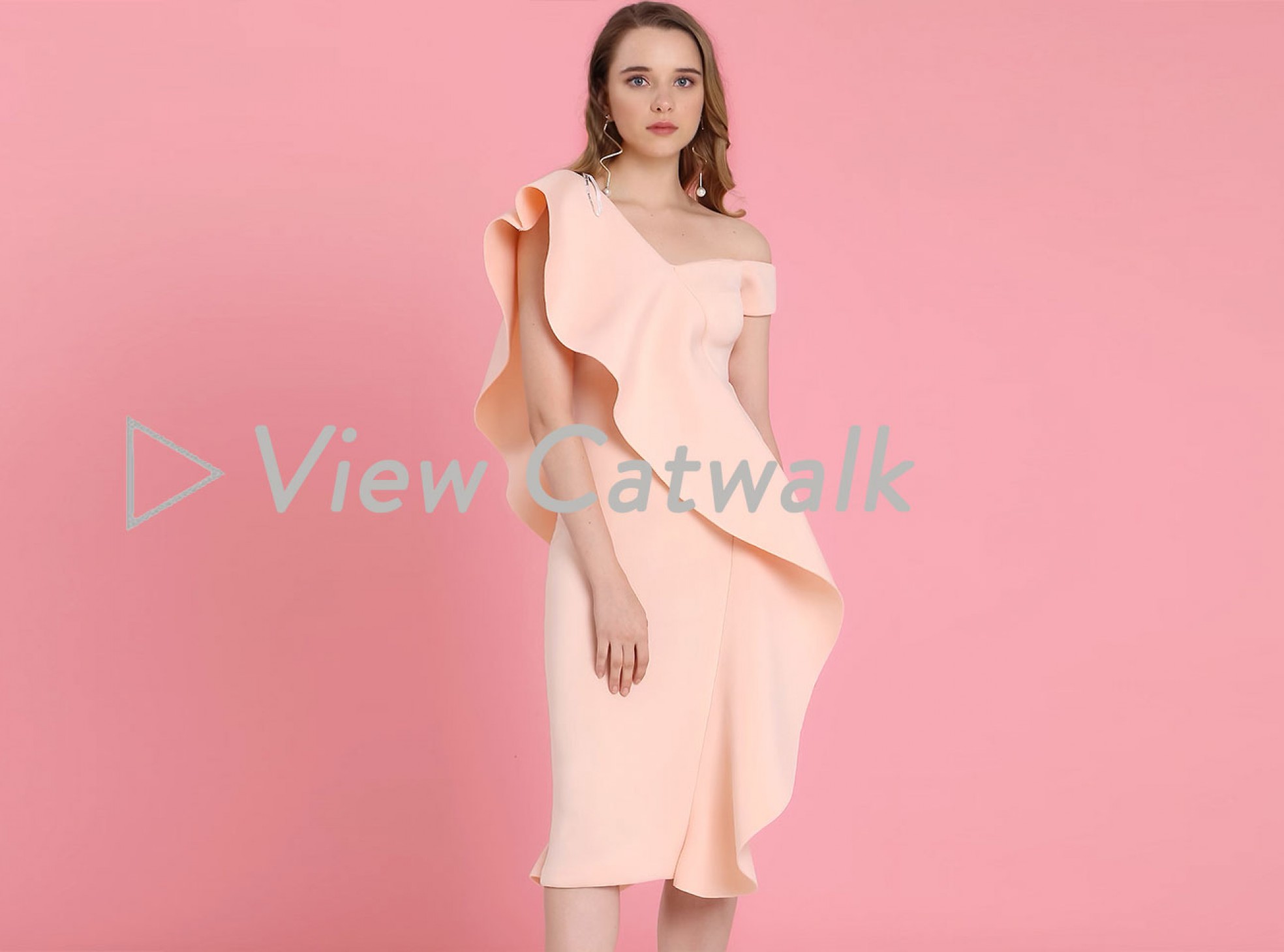 OFF THE SHOULDER EXAGGERATED FRILL SCUBA MIDI DRESS IN NUDE