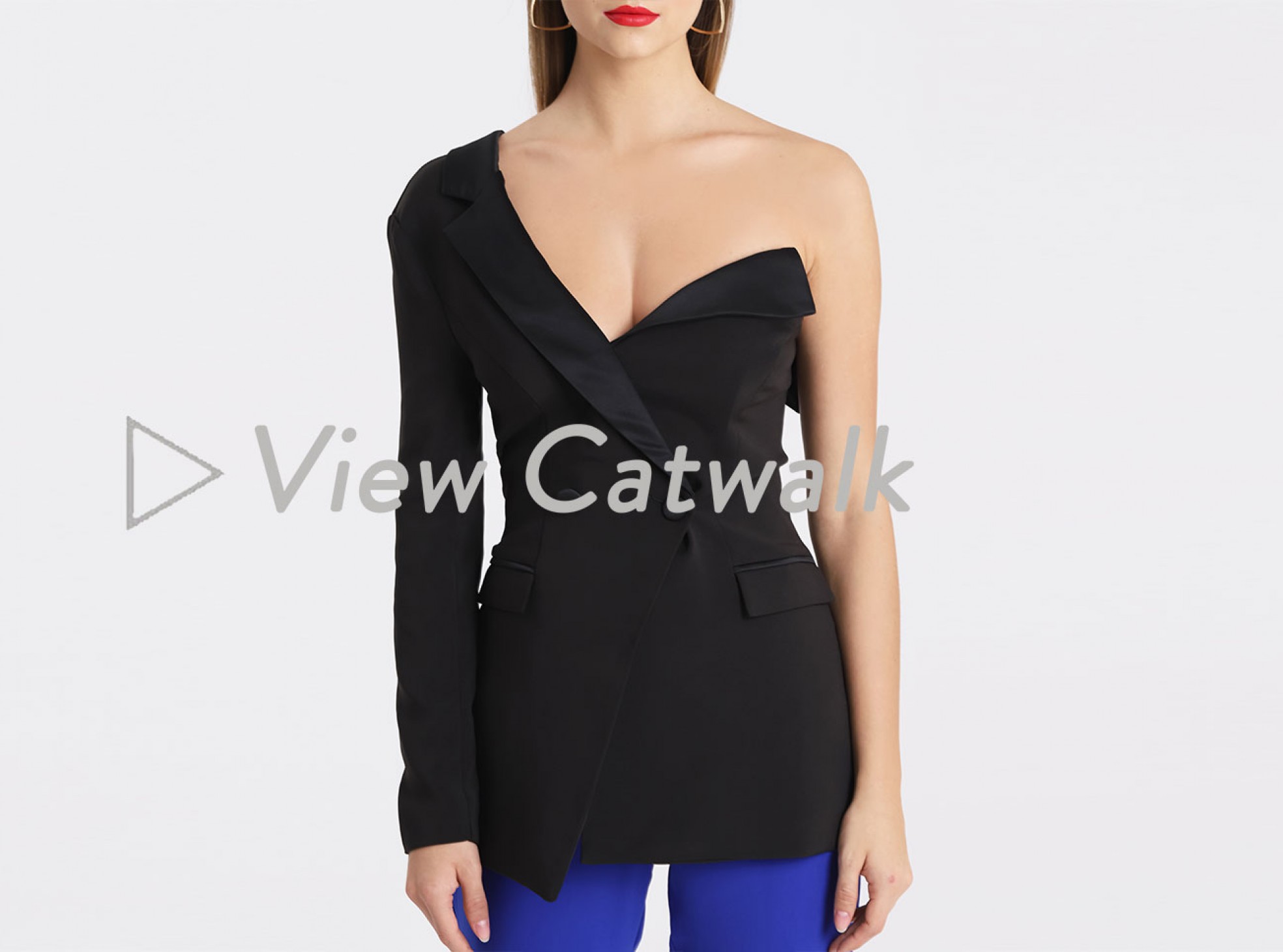 one shoulder fitting tuxedo jacket with satin lapel in black