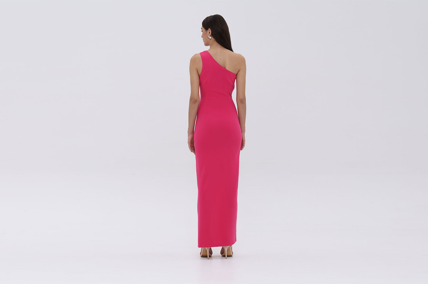 one shoulder jersey maxi dress with high split in pink