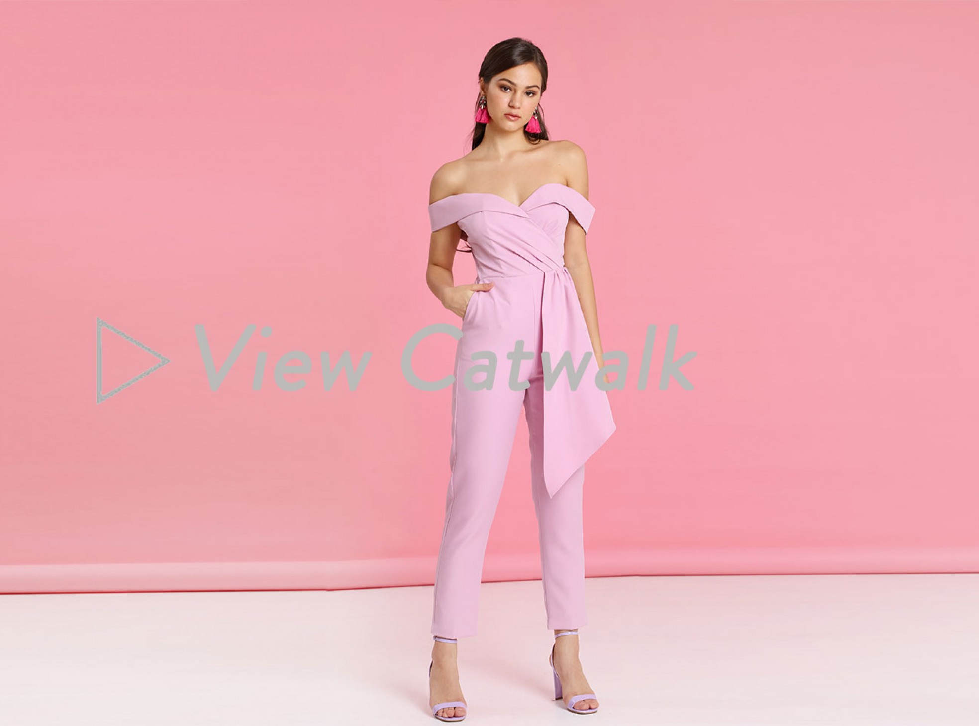 PLEATED BARDOT AND DRAPED BELT TAILORED JUMPSUIT IN LILAC