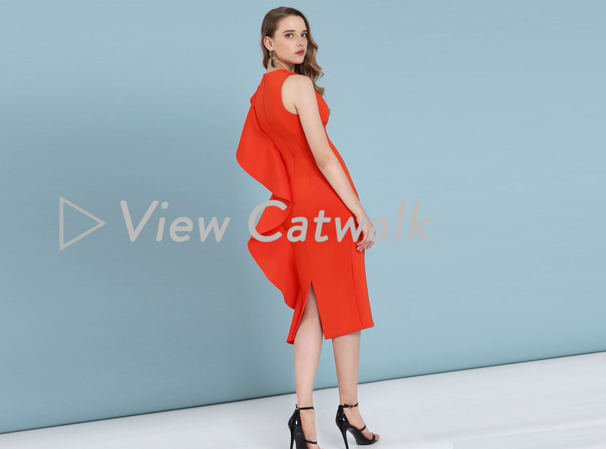 SCUBA FRILL V-NECK MIDI DRESS in scarlet red